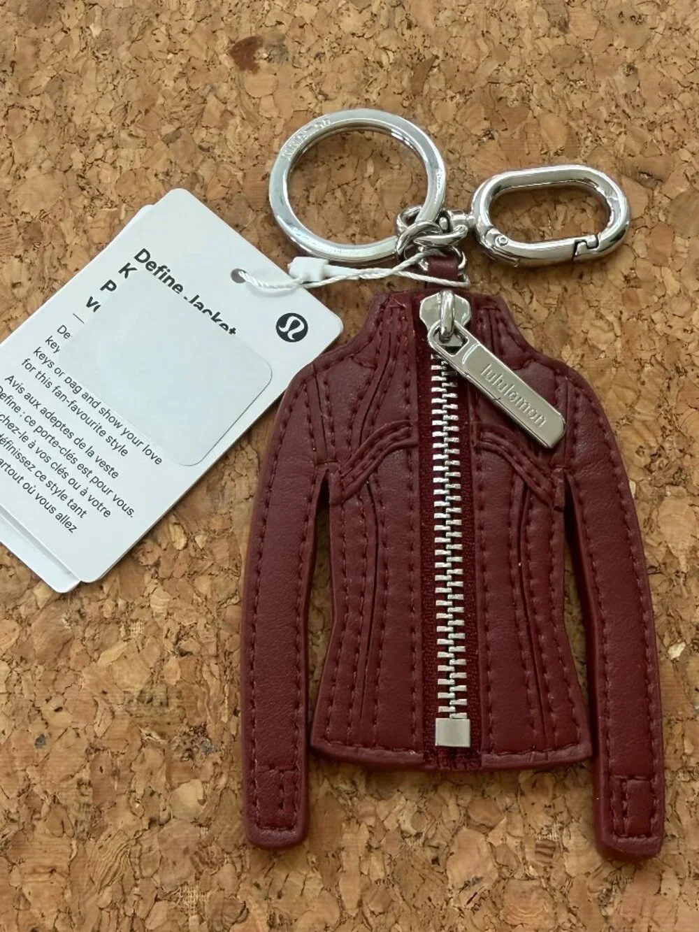 Lululemon Define Jacket Keychain Bag Charm Burgundy Silver